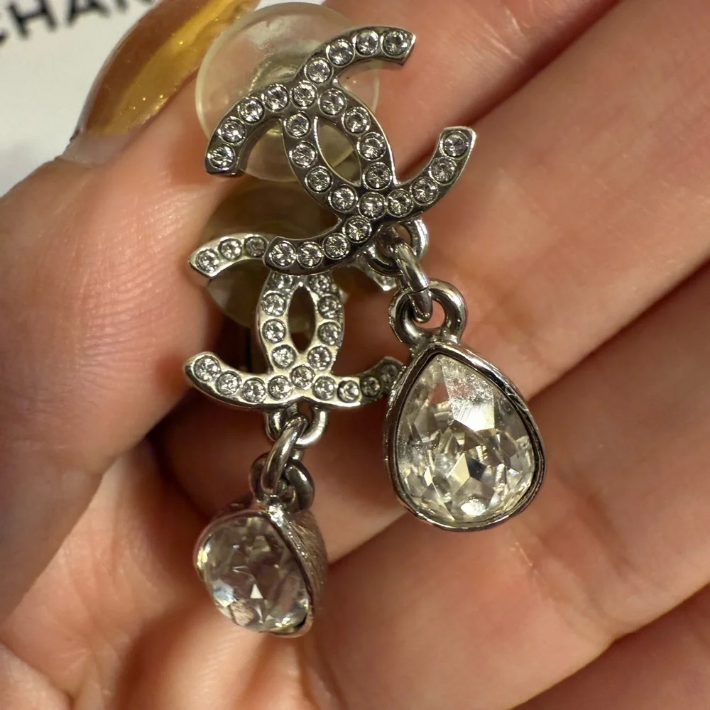 CHANEL Silver Crystal CC Teardrop Dangle Clip On Earrings